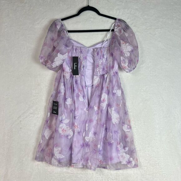 Lulus Darling Behavior Lavender Floral Burnout Puff Sleeve Mini Dress Size S NWT - Picture 8 of 14